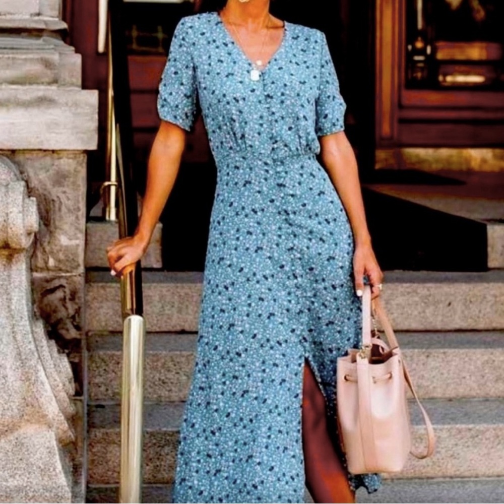 Bohme Blue Midi Dress with Puff Sleeves and V-Neck
